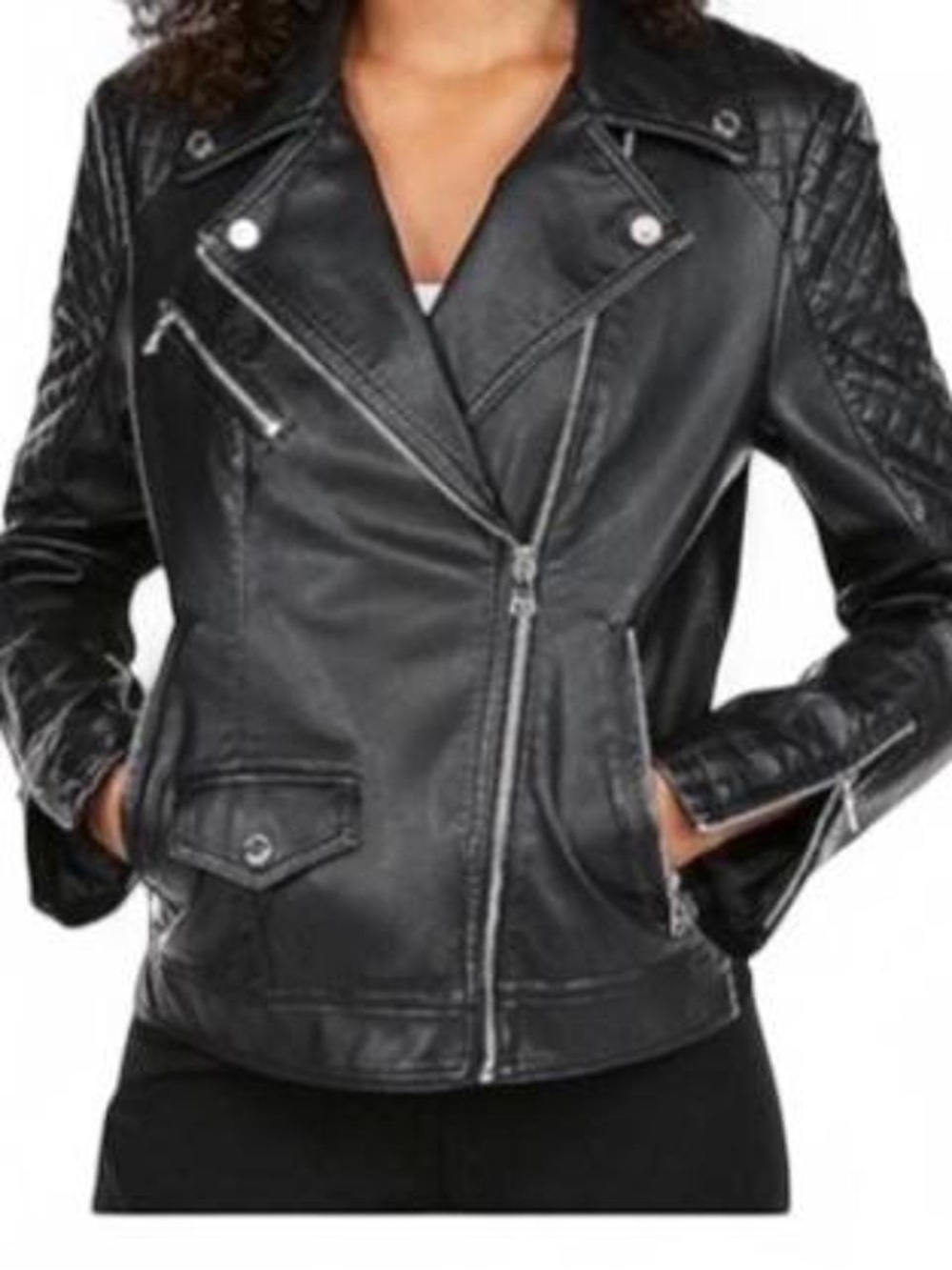 Express Black Faux Leather Moto Jacket with Quilted Shoulders